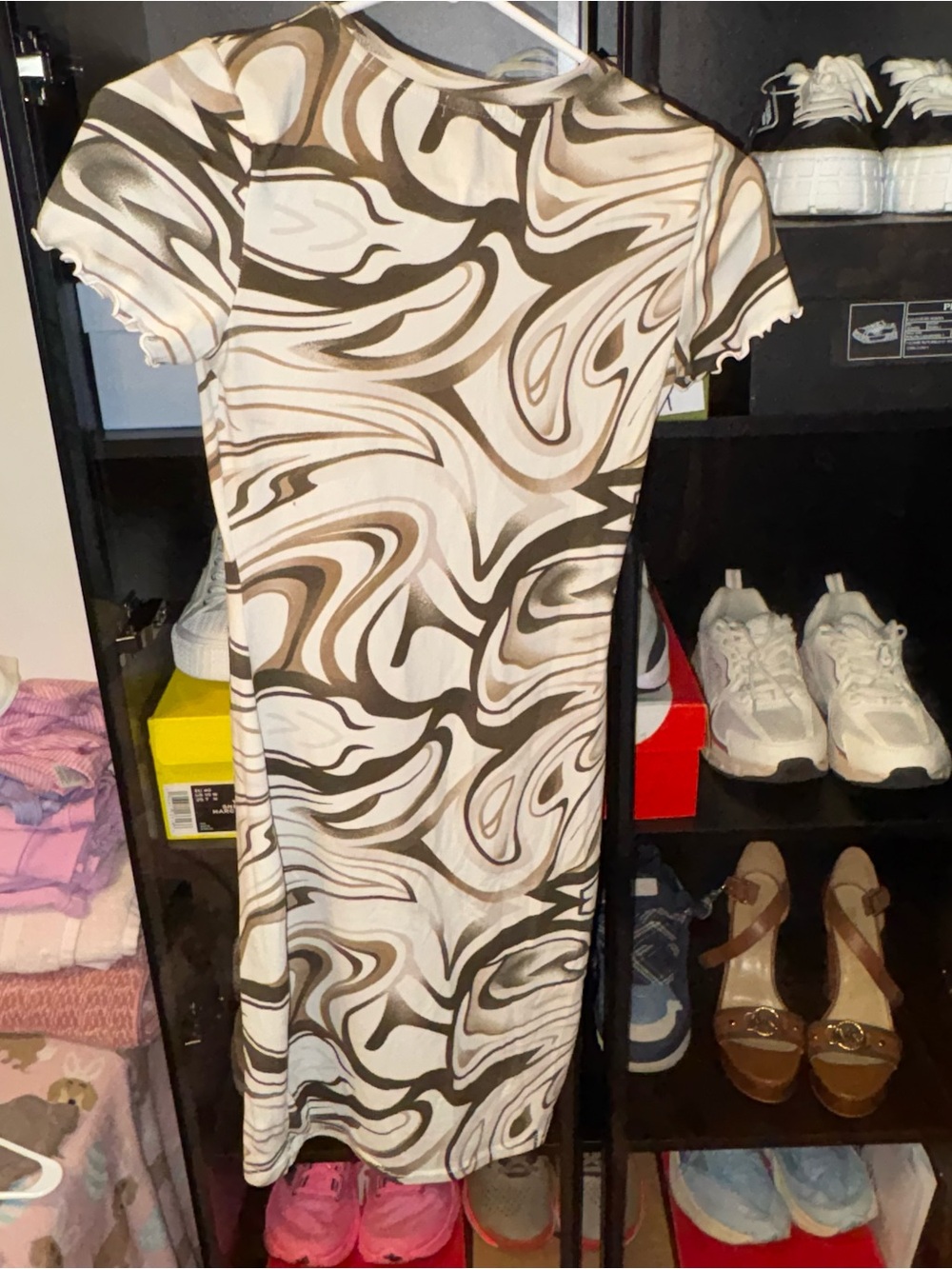 Abstract Swirl Print Short Sleeve Dress - White & Brown